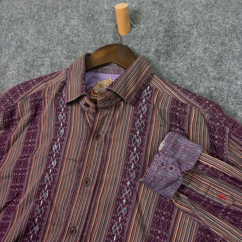 Robert Graham Button Down Shirt Mens XL Purple Striped Silk Trim Embroidered